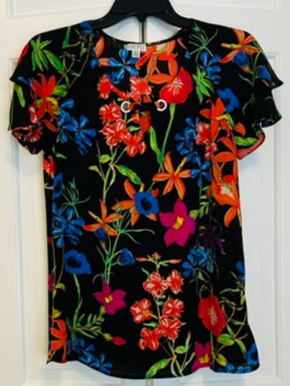 Spense Black Multicolor Floral Flutter Sleeve Blouse Size Small EUC